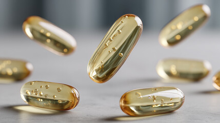 Falling of omega-3 fish oil capsules with golden transparency vitamin B12 capsules