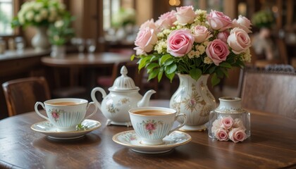 Elegant Tea Set with Fresh Roses in a Cozy Cafe Setting with Natural Light and Warm Atmosphere