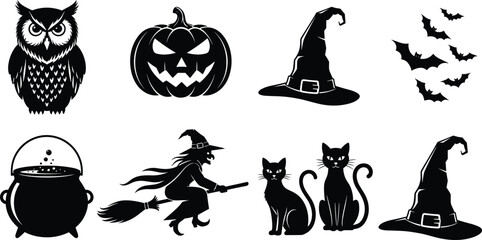 Halloween witch elements illustration, spooky owl pumpkin cat silhouettes vector set, black and white magic icons, creepy festive Halloween design © Ideasy Mind