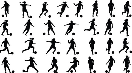 Set of female soccer player silhouettes, girls playing football icons, athlete dribbling ball, women sports action figures, professional soccer vectors © MSTNASRIN
