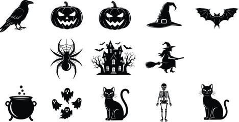 Halloween spooky icons illustration, witch pumpkin cat ghost silhouettes vector set, haunted house magic symbols, black and white horror design © Ideasy Mind