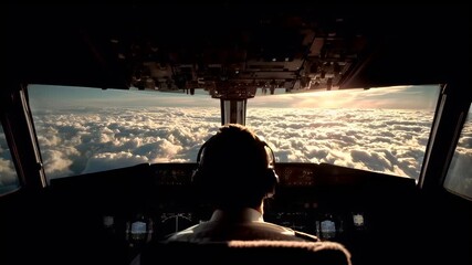 A man is seated in the cockpit of an airplane, looking out over a vast expanse of clouds during sunset. The sun casts a warm, golden hue over the scene.