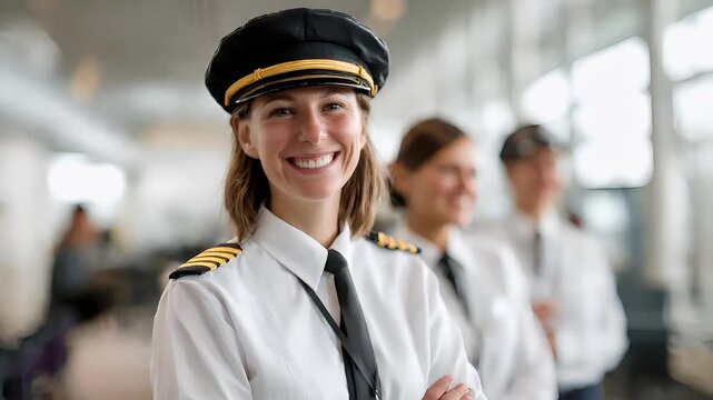 A woman in a captains uniform stands confidently in an airport terminal. She wears a black cap with gold stripes and a white shirt with gold epaulettes.
