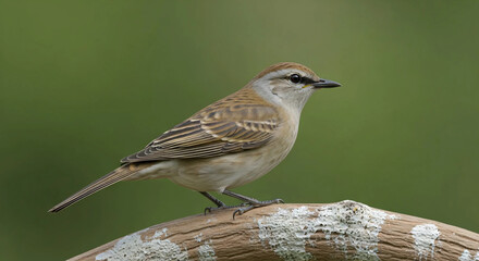 Small brown bird with detailed plumage perched on a branch with soft green background