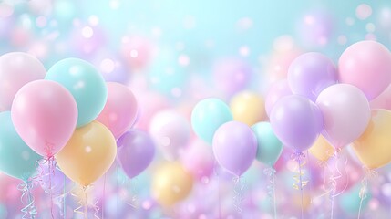 Pastel balloons float with a bokeh light background