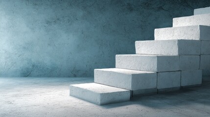 A set of white concrete stairs leading upwards against a blue wall.