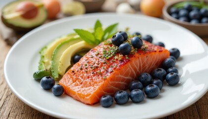 Fresh Salmon Fillet Topped with Blueberries and Avocado on a White Plate Surrounded by Ingredients