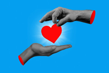 Hands with red heart symbol in halftone for Valentine's day collage style. Mans hand placing a heart in womans hand.