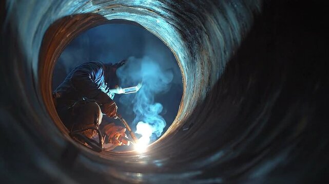 Close-Up View of Welder in Action Creating Sparks and Light Inside a Tube Structure at a Fabrication Site