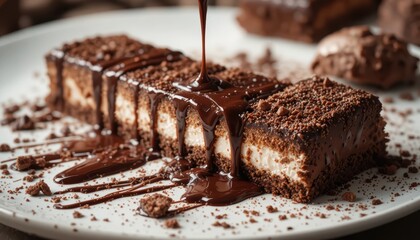 Decadent Chocolate Cake Slice Drizzled with Rich Chocolate Syrup on a White Plate