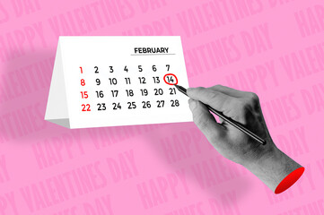 Halftone collage of a hand marking February 14th on the calendar. Valentine's Day concept.