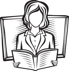 A smiling woman and a young girl sit at a desk with a laptop and book, illustrating a person in a home office or student education setting with cartoon vector style people