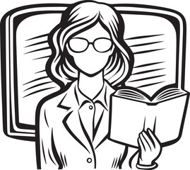 Vintage vector illustration of a business woman and student person with glasses reading a book in a black ink drawing cartoon sketch style