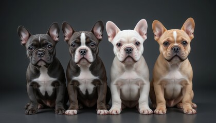 Four Adorable French Bulldogs of Varying Colors Sitting Together in a Studio Setting