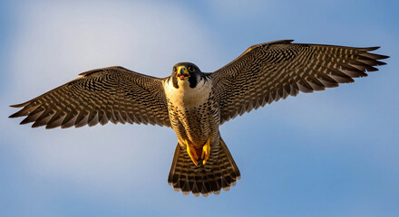 Majestic peregrine falcon flying with wings spread against blue sky at sunset