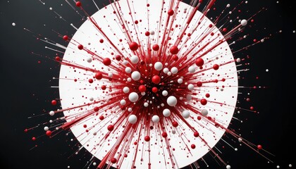 Abstract Artistic Composition with Red and White Dots Exploding Against a Black Background