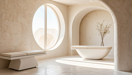 Minimalist Bathroom with Freestanding Tub and Round Window