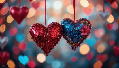 Colorful Sparkling Hearts Hanging Against a Soft Bokeh Background Creating a Romantic Atmosphere