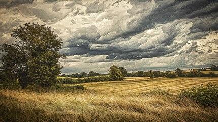 Rural landscape during a thunderstorm with dark clouds swirling over open fields flashes of lightning brightening the scene and the trees swaying in the fierce wind showcasing natures force