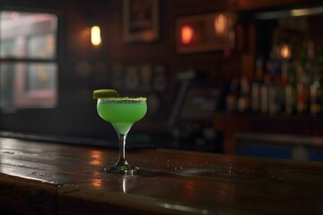 Margarita cocktail sitting on vintage wooden bar