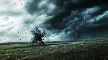 Rural landscape during a thunderstorm with dark clouds swirling over open fields flashes of lightning brightening the scene and the trees swaying in the fierce wind showcasing natures force