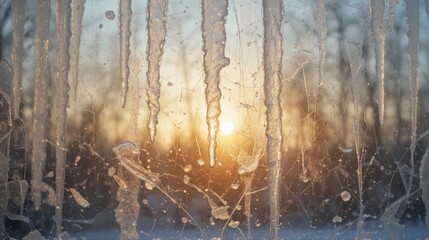 Frozen Icicles Reflecting the Warm Glow of Sunrise Amidst a Winter Landscape