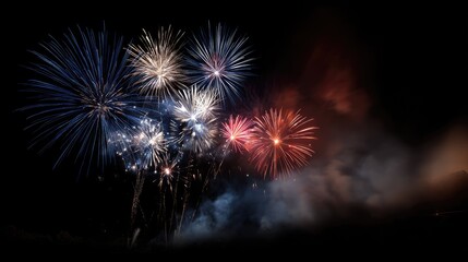 Festive fireworks explode with colorful bursts against a dark sky backdrop