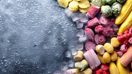 Fototapeta premium Colorful assortment of frozen fruits and vegetables on icy surface.