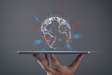 Digital global network with hologram earth, binary code floating above tablet, representing big data, cybersecurity, global connectivity, information technology, data transfer, digital transformation.