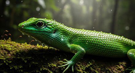 Fototapeta premium Detailed green lizard on mossy branch in tropical rainforest