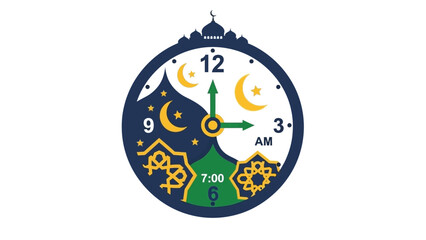 Graphic illustration of a round clock with Islamic design elements on a white background.