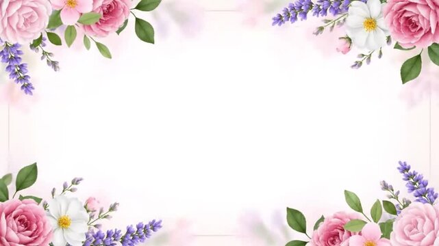 valentinsday 2026 a beautiful floral border with pink roses and purple flowers on a white background with seamless loop and nature romantic love