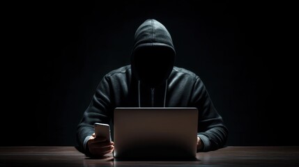 Anonymous figure in hoodie using laptop in dark room.