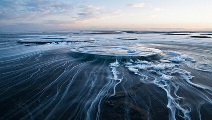 Aerial View of Waves Breaking on Sandy Beach at Sunset