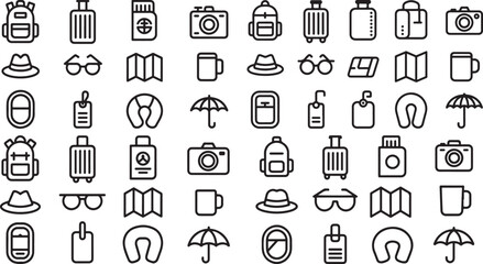 Travel and vacation icons in a single line style on white background