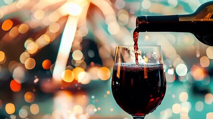 A closeup shot of wine being poured into a glass, with a bokeh effect in the background. The wine glass is filled with a deep red wine.