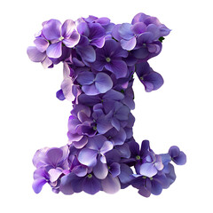 Top view of a 3D letter I made of violet flowers isolated on a white transparent background