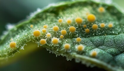 Extreme ultra-macro hyper-realistic close-up of mold growing on a leaf surface
revealing tiny spores, delicate textures, and subtle color variations with expressive composition