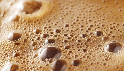 Extreme ultra-macro hyper-realistic close-up of coffee crema bubbles
revealing golden brown micro textures, delicate foam patterns, and expressive composition with natural detail