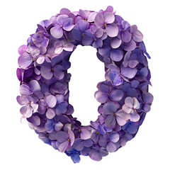 Top view of a 3D letter O made of violet flowers isolated on a white transparent background
