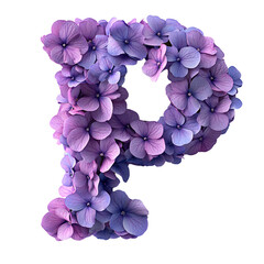 Top view of a 3D letter P made of violet flowers isolated on a white transparent background