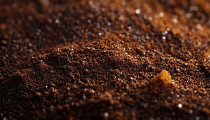Extreme ultra-macro hyper-realistic close-up of coffee grounds surface
revealing tiny granules, intricate textures, and expressive composition with natural color depth