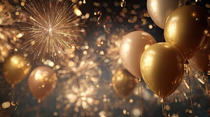 Balloons against fireworks, party time celebration at dusk
