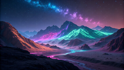sunrise over the mountains,wall paper,Neon Dreamscape: Futuristic Mountain Landscape