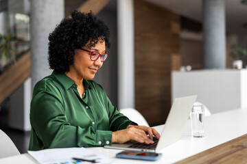 Professional Woman Using Laptop in a Modern Office Environment