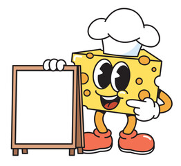 Cartoon Cheese Chef Character Pointing at Blank Menu Board