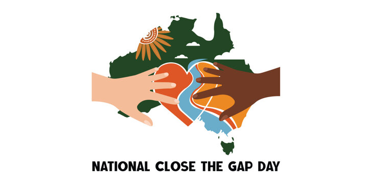 National Close the Gap Day Australia Map with Hands and Heart Reconciliation Vector