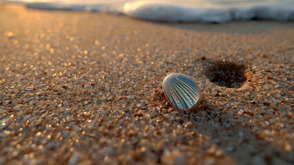 A close-up view of a small, iridescent seashell resting on golden sand at the water's edge, with a soft wave approaching under warm light.