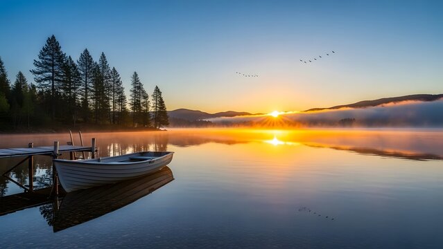 Golden sunrise glows above misty lake and docked rowboat as birds soar over forested hills - Powered by Adobe