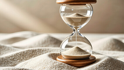 Glass hourglass with sand on wooden base